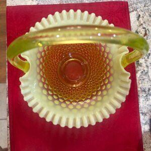 Fenton Vaseline Glass Large Basket; Fenton Uranium Glass Hobnail Basket